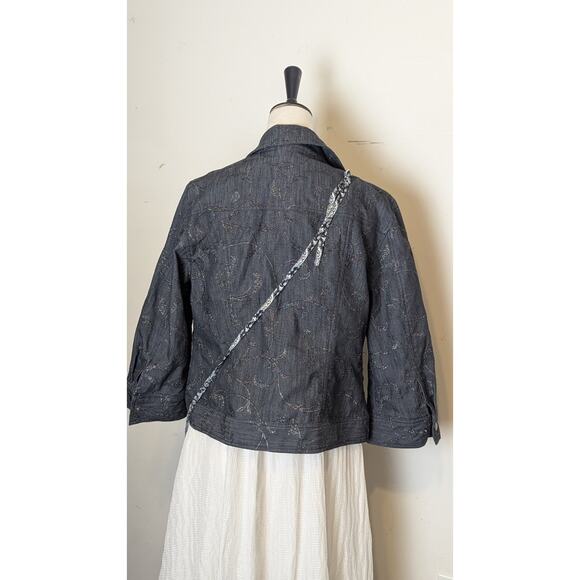 Boho Chic Dark Zip Up Denim Jacket Whimsical Embroidered Embellishment Size 12 - Picture 3 of 9